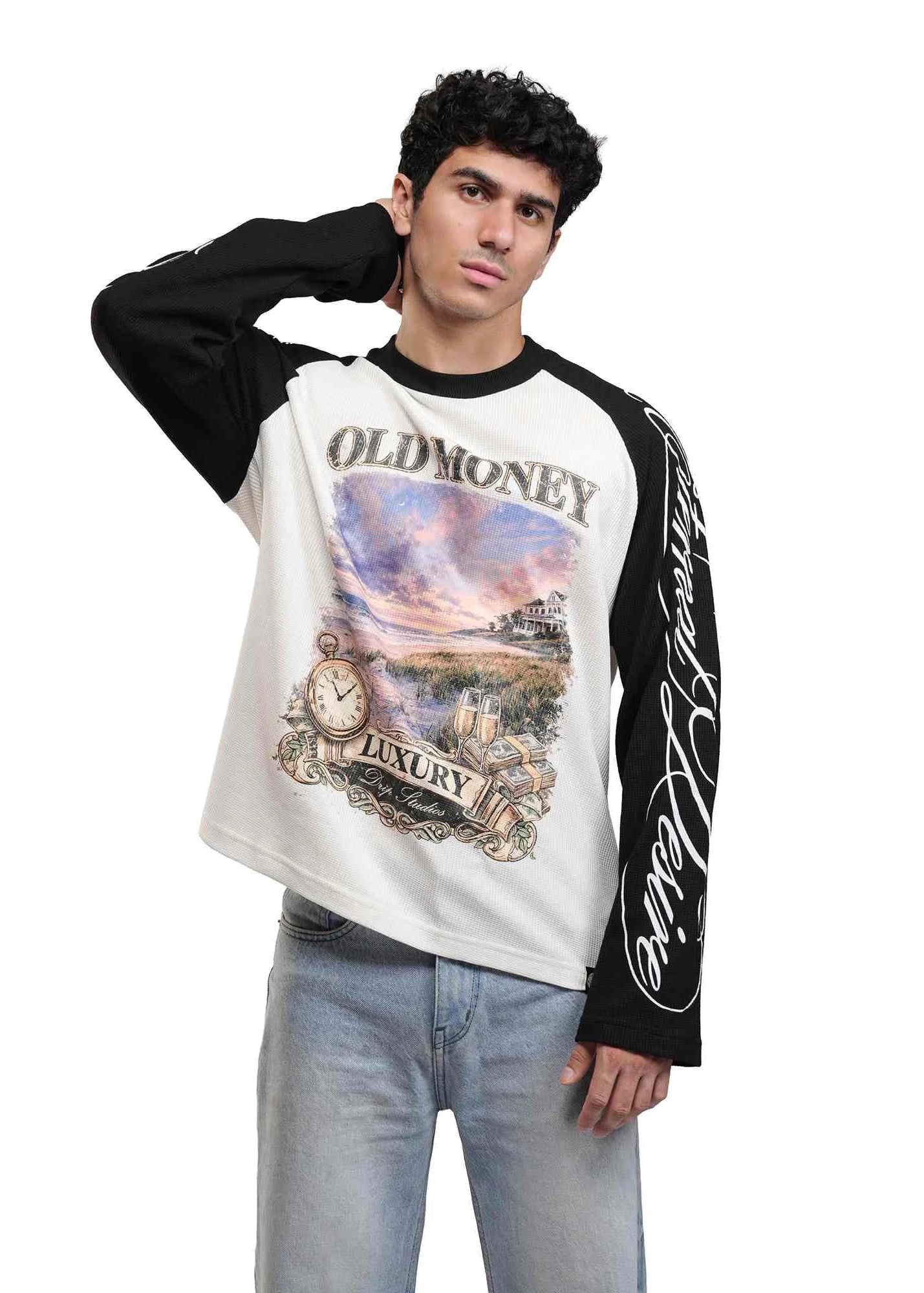 Men's raglan sweatshirt with black sleeves, Old Money front print, crewneck rib