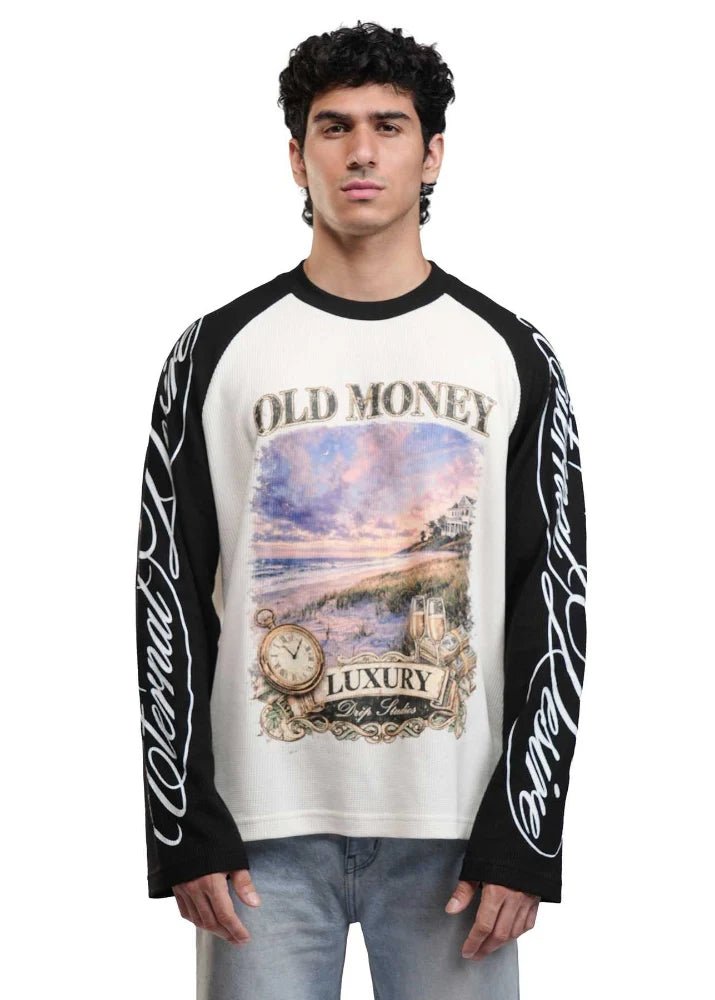 Men's raglan sweatshirt with black sleeves and large center Old Money Luxury artwork