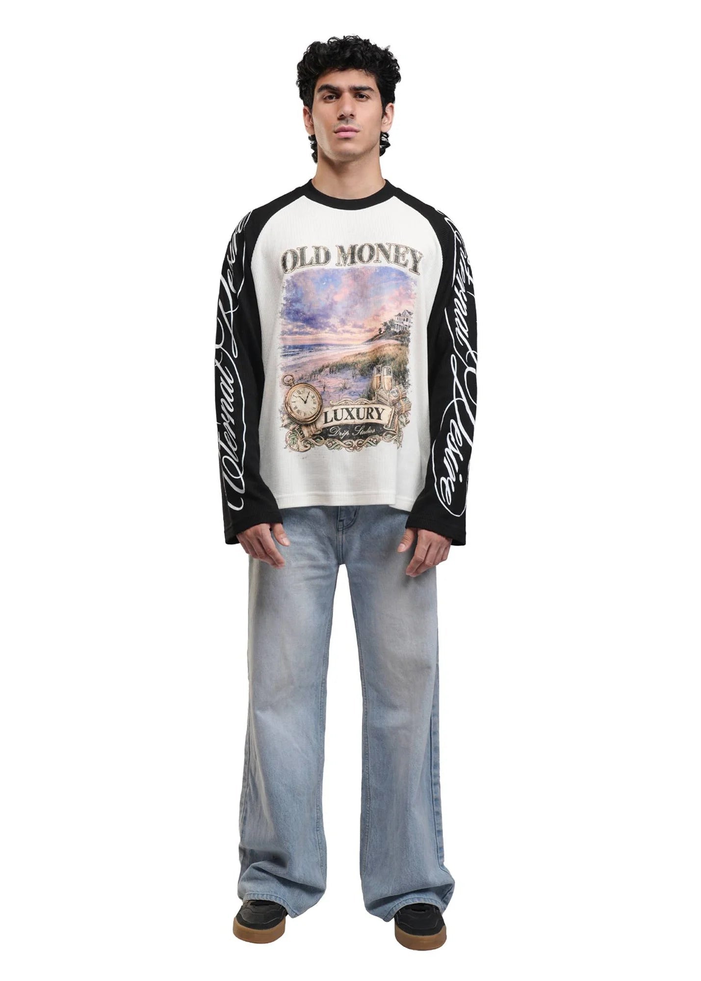 Men's raglan sweatshirt with black sleeves, cream body, front Old Money graphic
