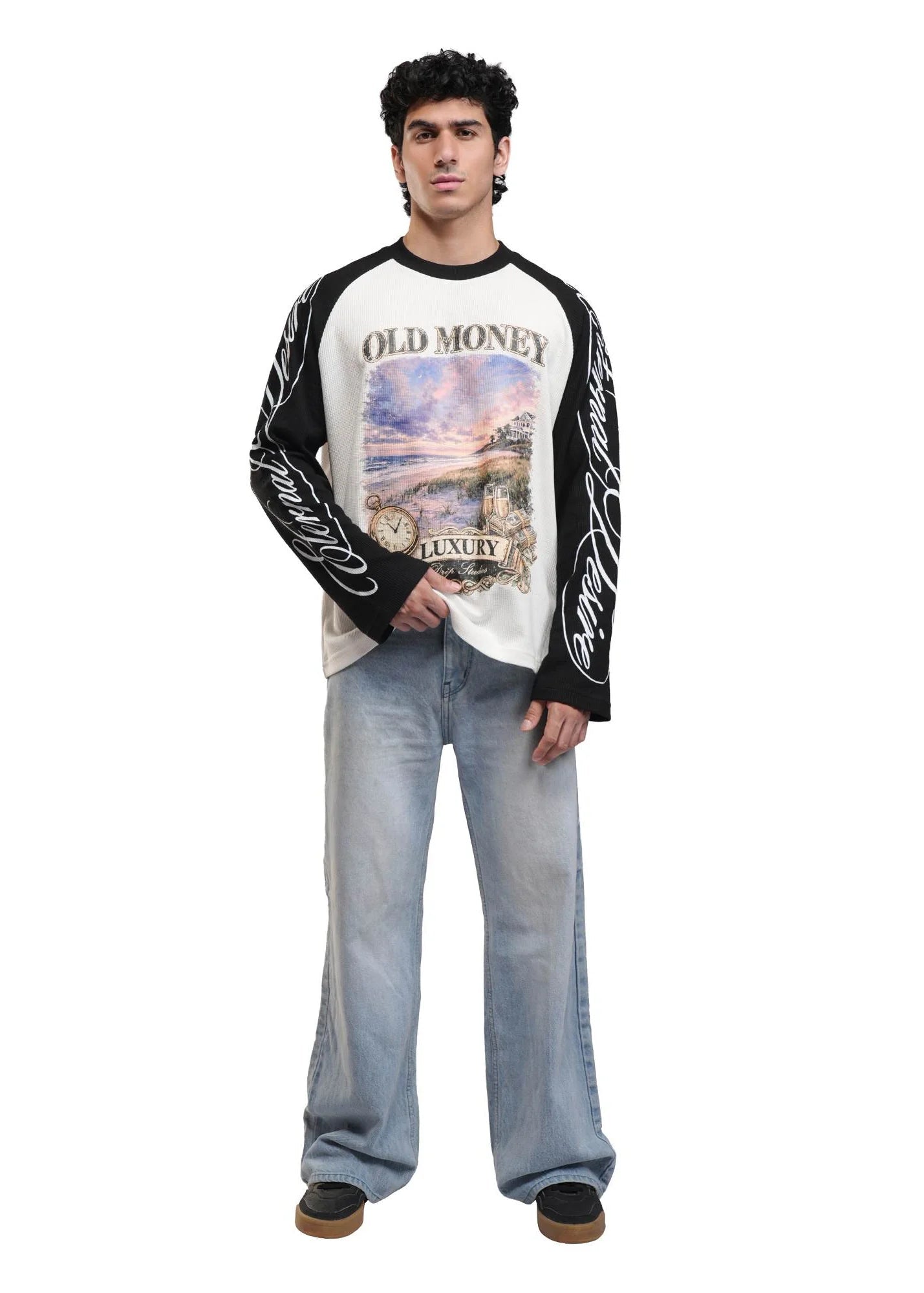 Men's raglan sweatshirt with black graphic sleeves and Old Money Luxury front