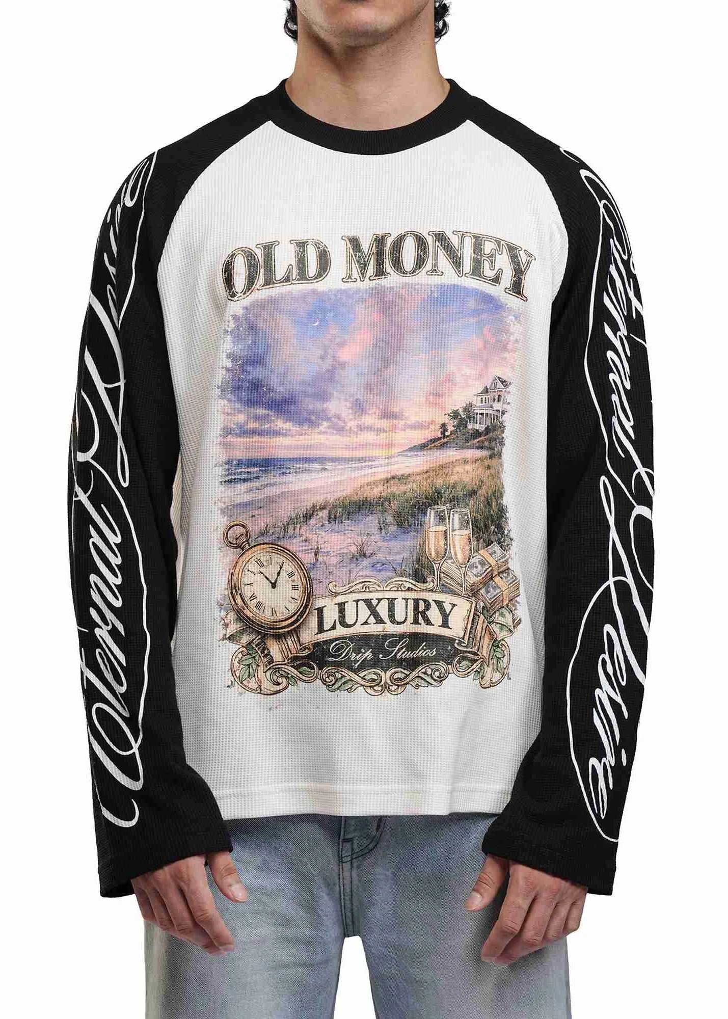 Men's raglan sweatshirt, black sleeves, Old Money Luxury front print
