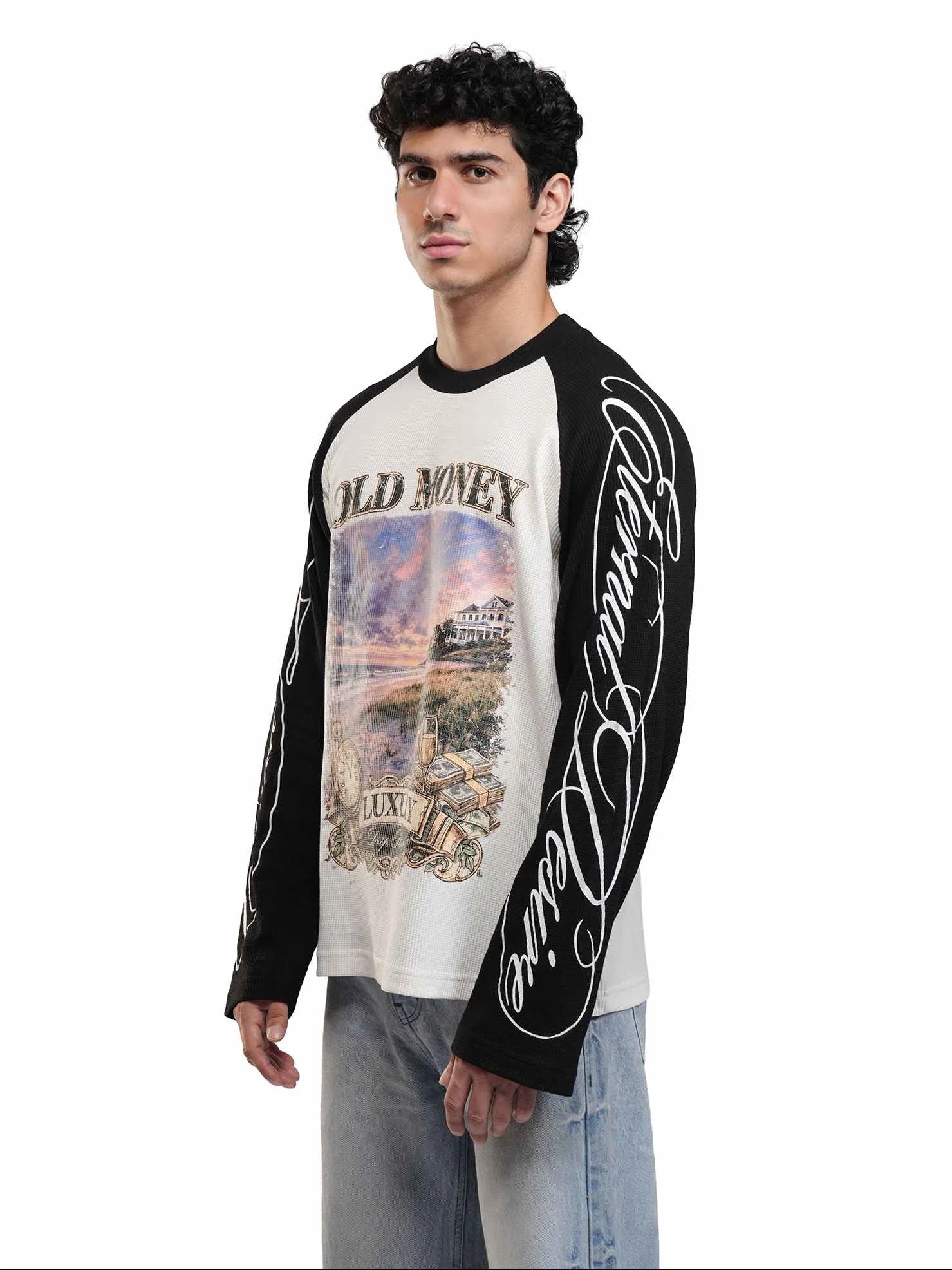 Men's raglan sweatshirt with black sleeves and Old Money front print, side view