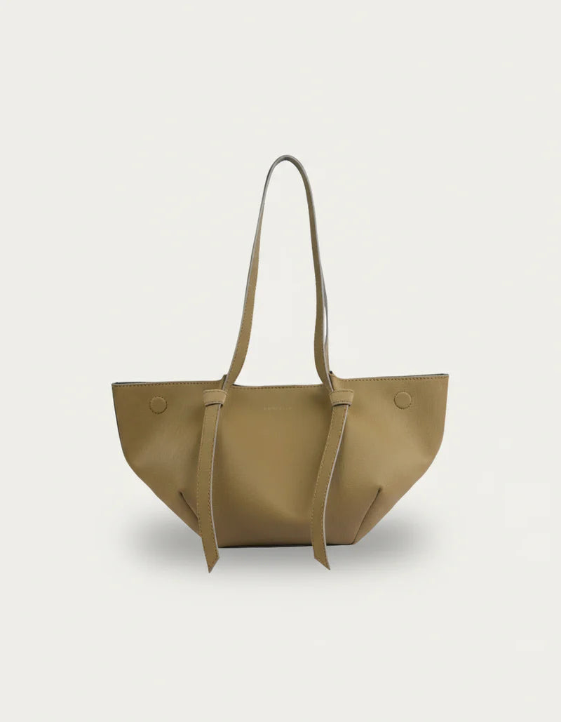 Olive tote bag with dual handles and front seam details, standalone view