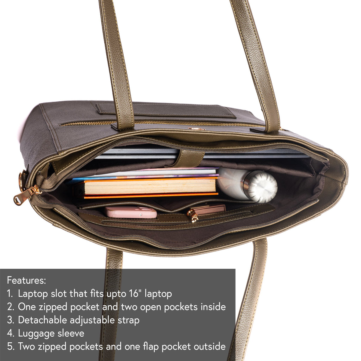Olive tote bag interior with laptop sleeve and zipped pockets