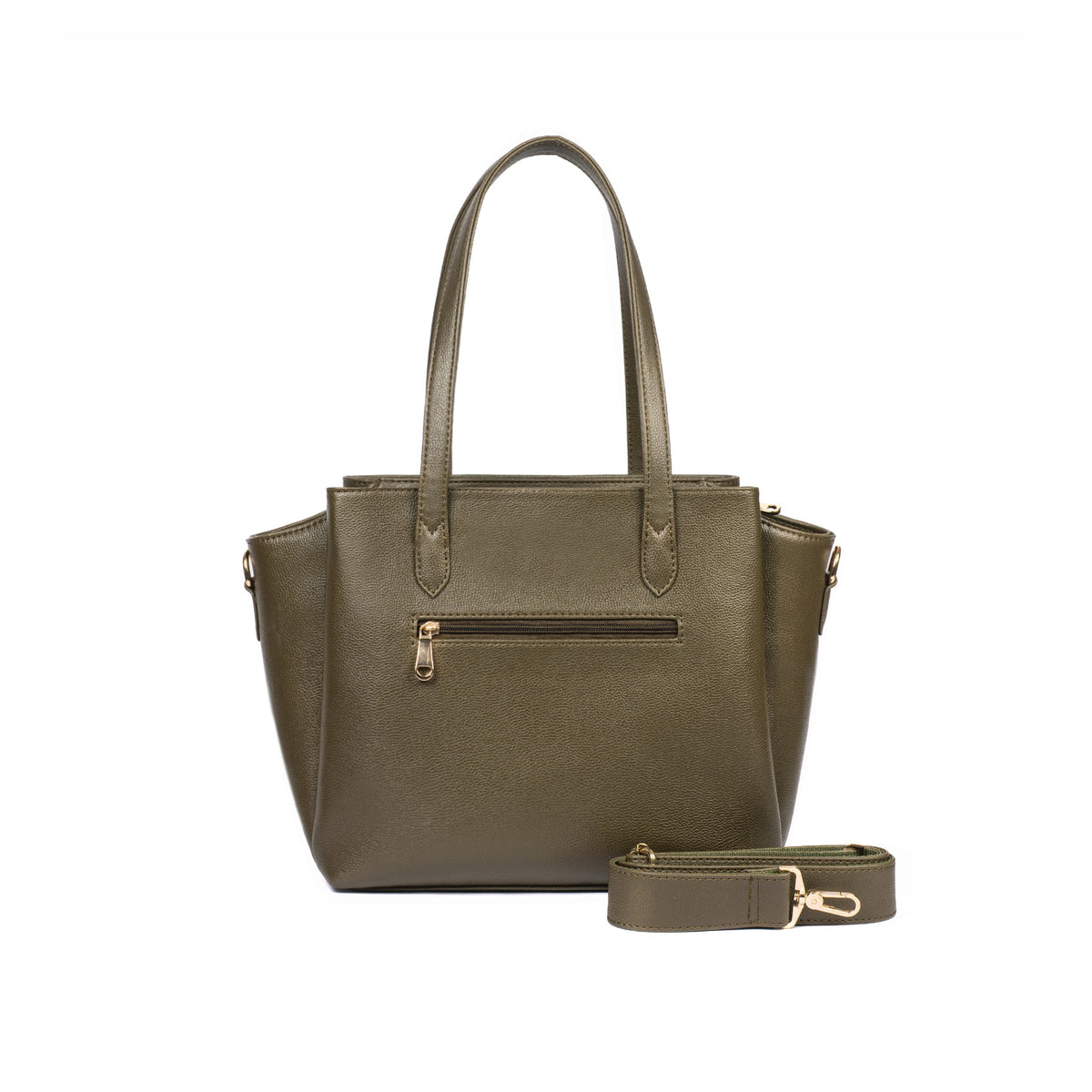 Olive tote bag with zip front pocket, crest logo, crossbody strap included.
