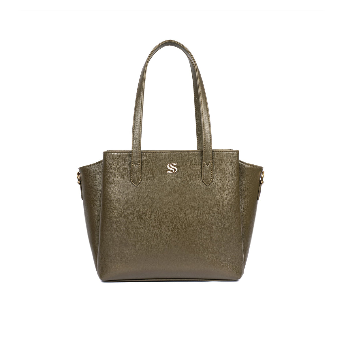 Olive tote bag with crest logo, double handles, smooth structured body.