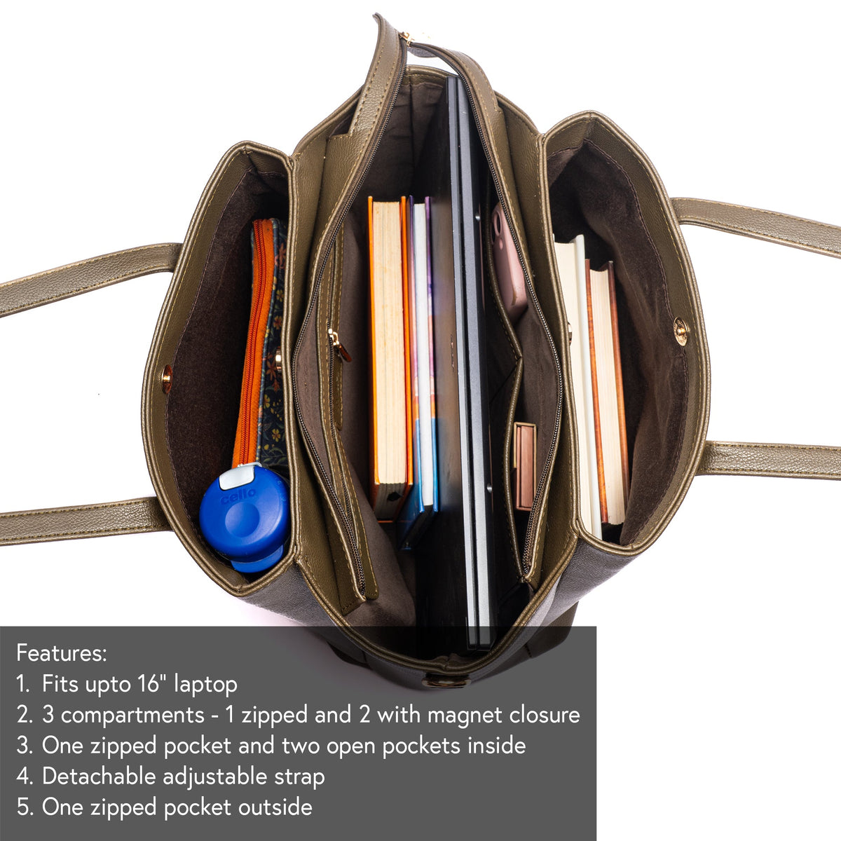 Olive open tote bag showing interior compartments and zipper pockets for laptops.