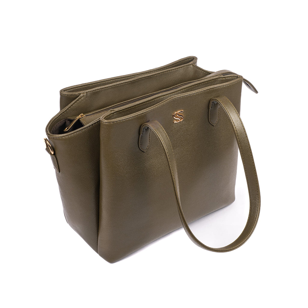 Olive tote bag with crest logo, zip top, double handles, front slit pockets.