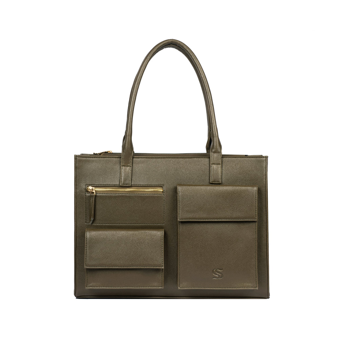 Olive tote bag with layered front pockets and gold logo detail