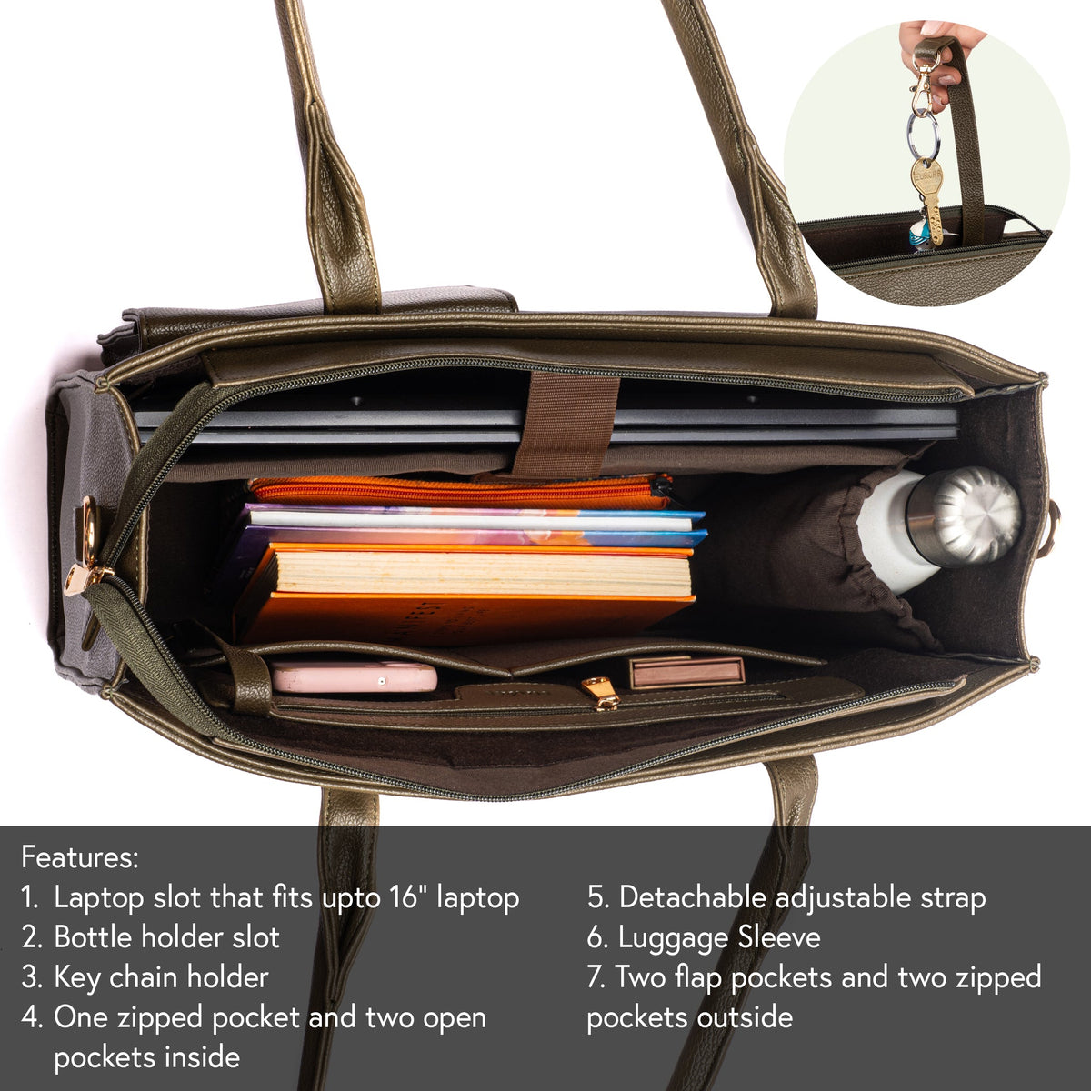 Olive tote bag interior with zip-top compartment and slip pockets for laptop