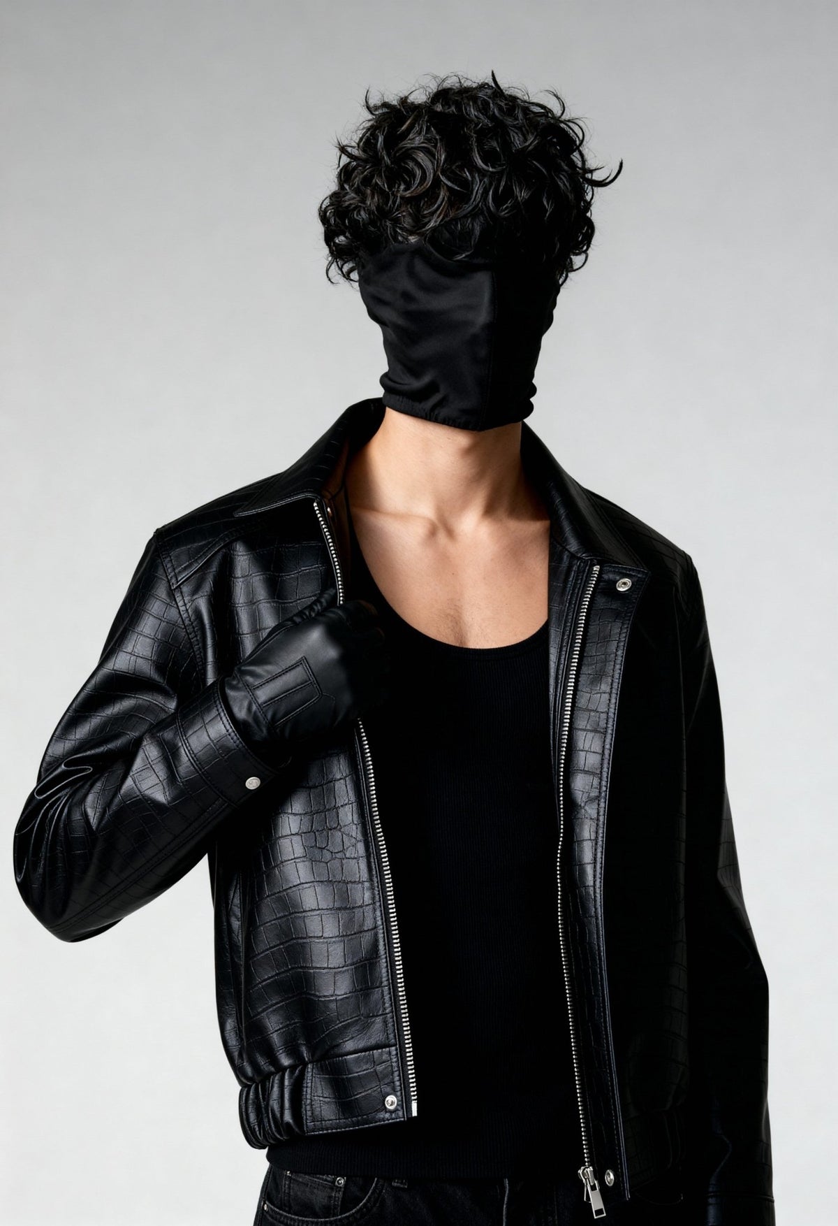 Black croc-textured leather bomber jacket with zip front, snap collar, ribbed cuffs