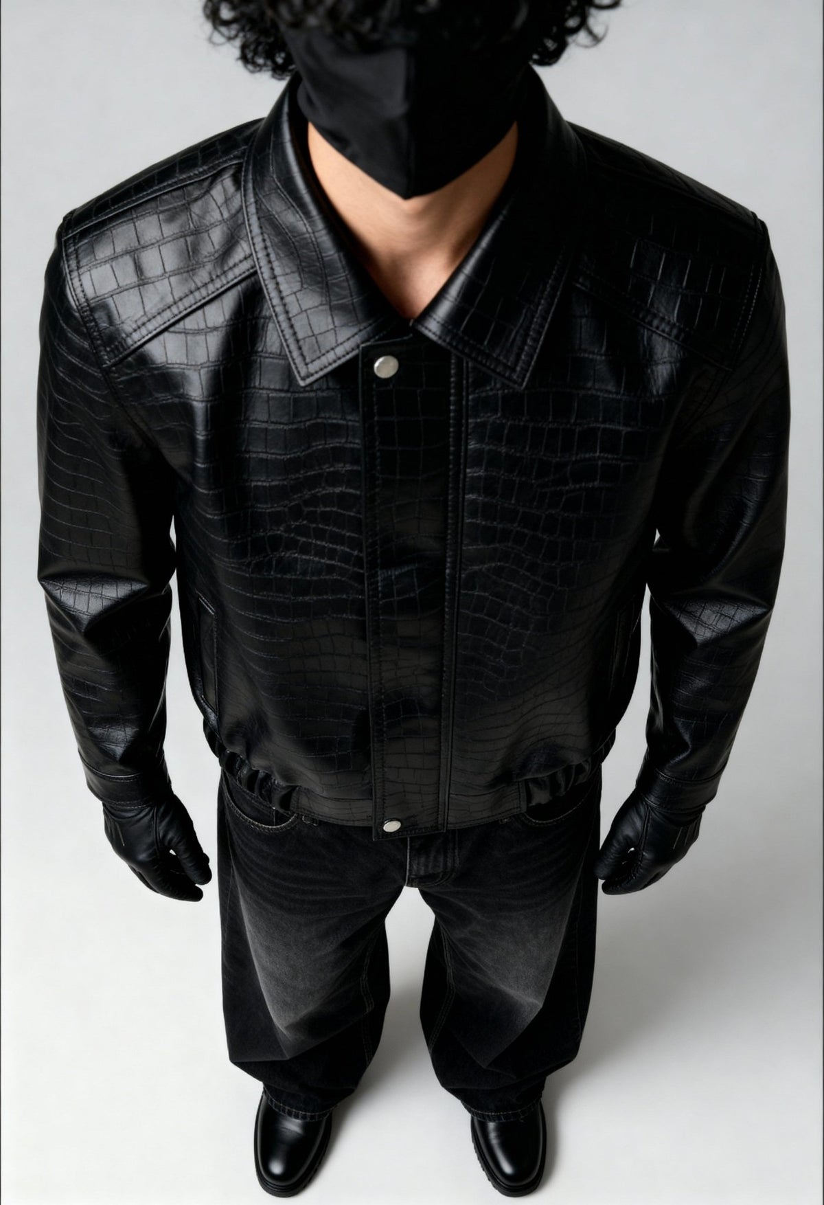 Black croc-textured leather bomber jacket with snap-front, spread collar, ribbed cuffs