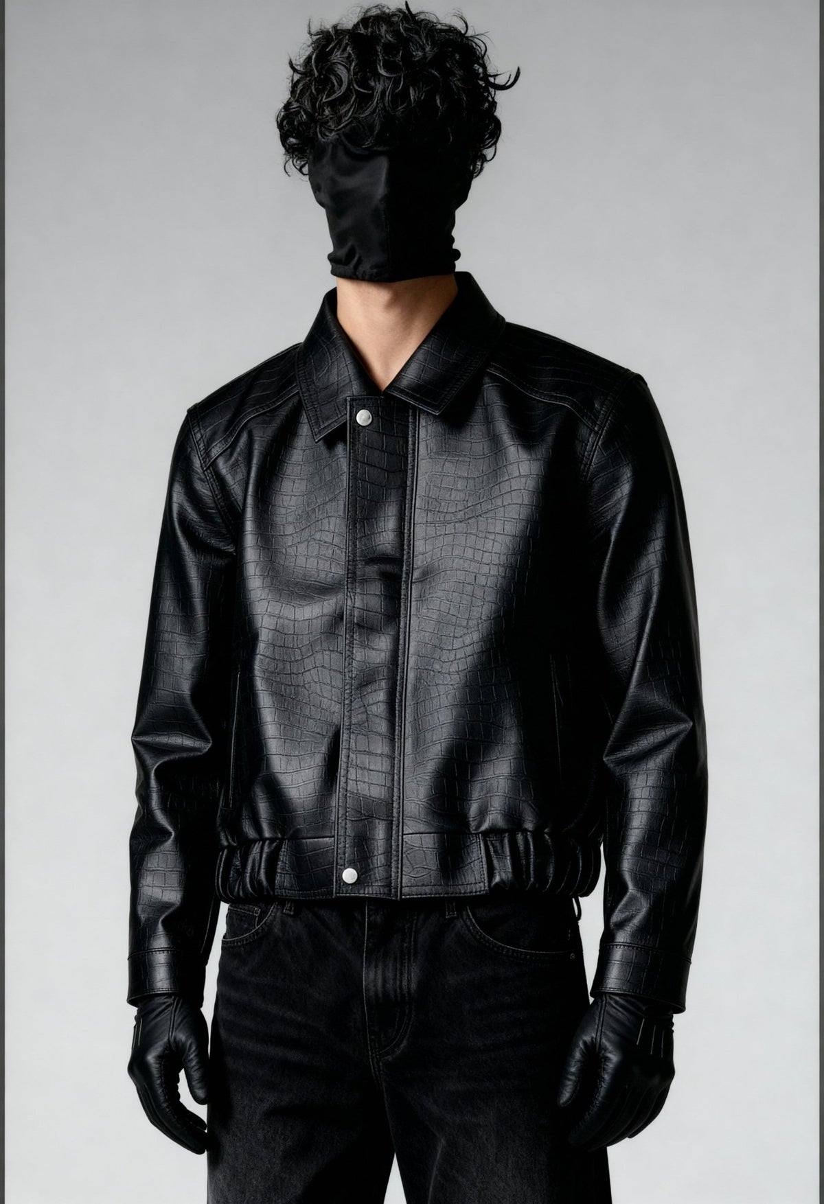 Black croc-textured leather bomber jacket with snap-front, spread collar, ribbed waistband