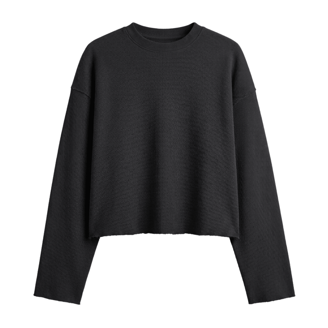 Black waffle-knit long-sleeve crewneck cropped top with wide sleeves.