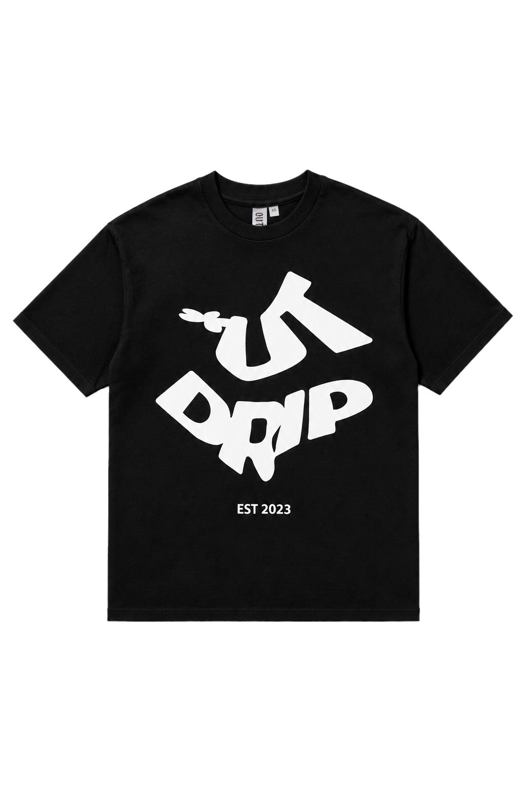 Black OUTDRIP essential tee with front graphic and EST 2023 print
