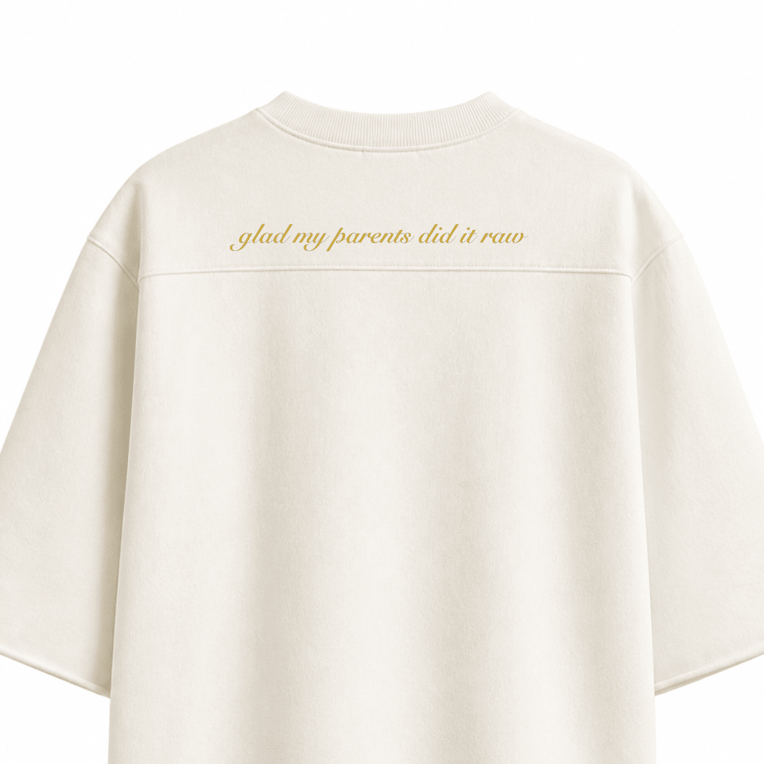 Oversized crewneck T-shirt, light beige, with "glad my parents did it" back print