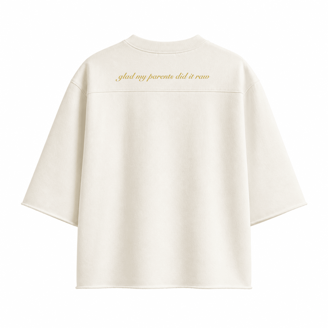Oversized crewneck T-shirt, light beige, with "glad my parents did it" back print