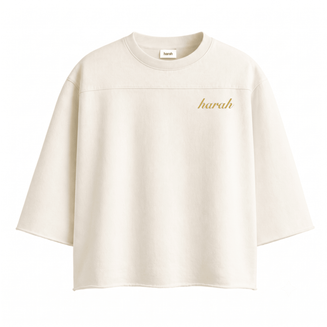 Oversized crewneck T-shirt in light beige with "harah" chest print, boxy fit