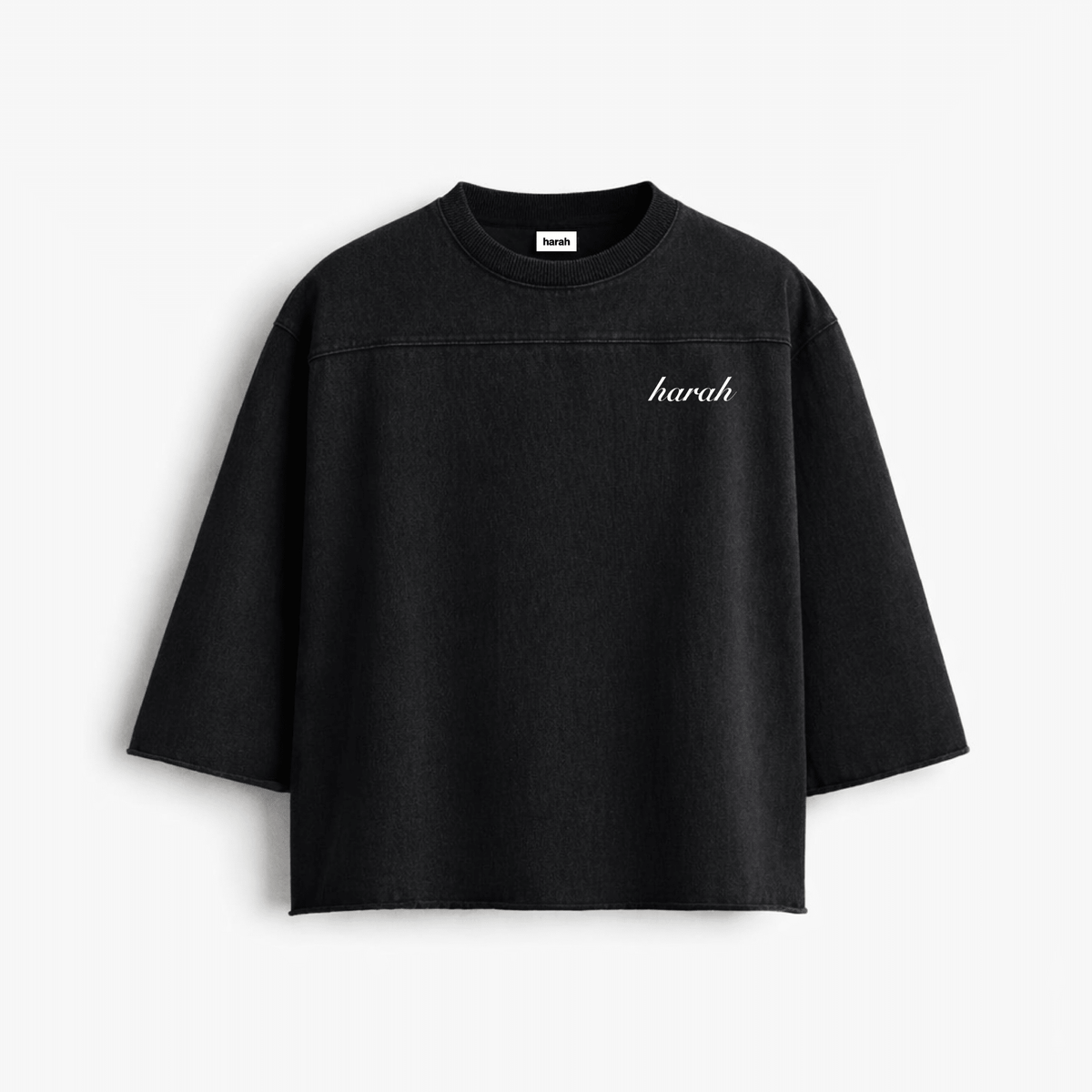 Black oversized boxy rugged T-shirt with harah script logo and crew neck