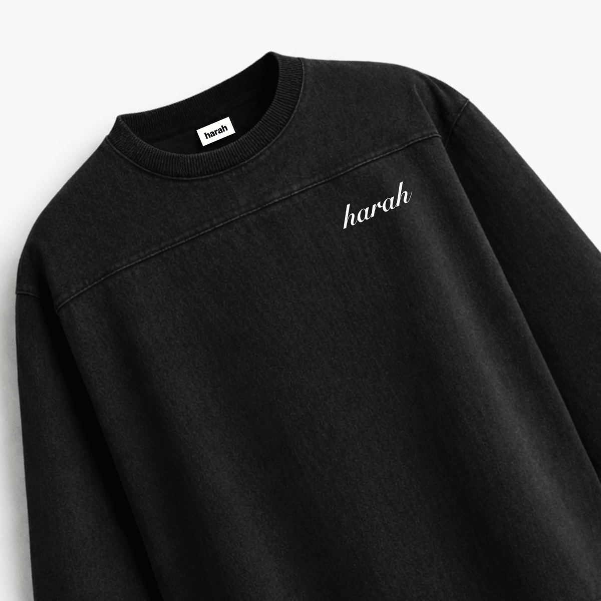Black oversized boxy rugged T-shirt with harah script logo on chest