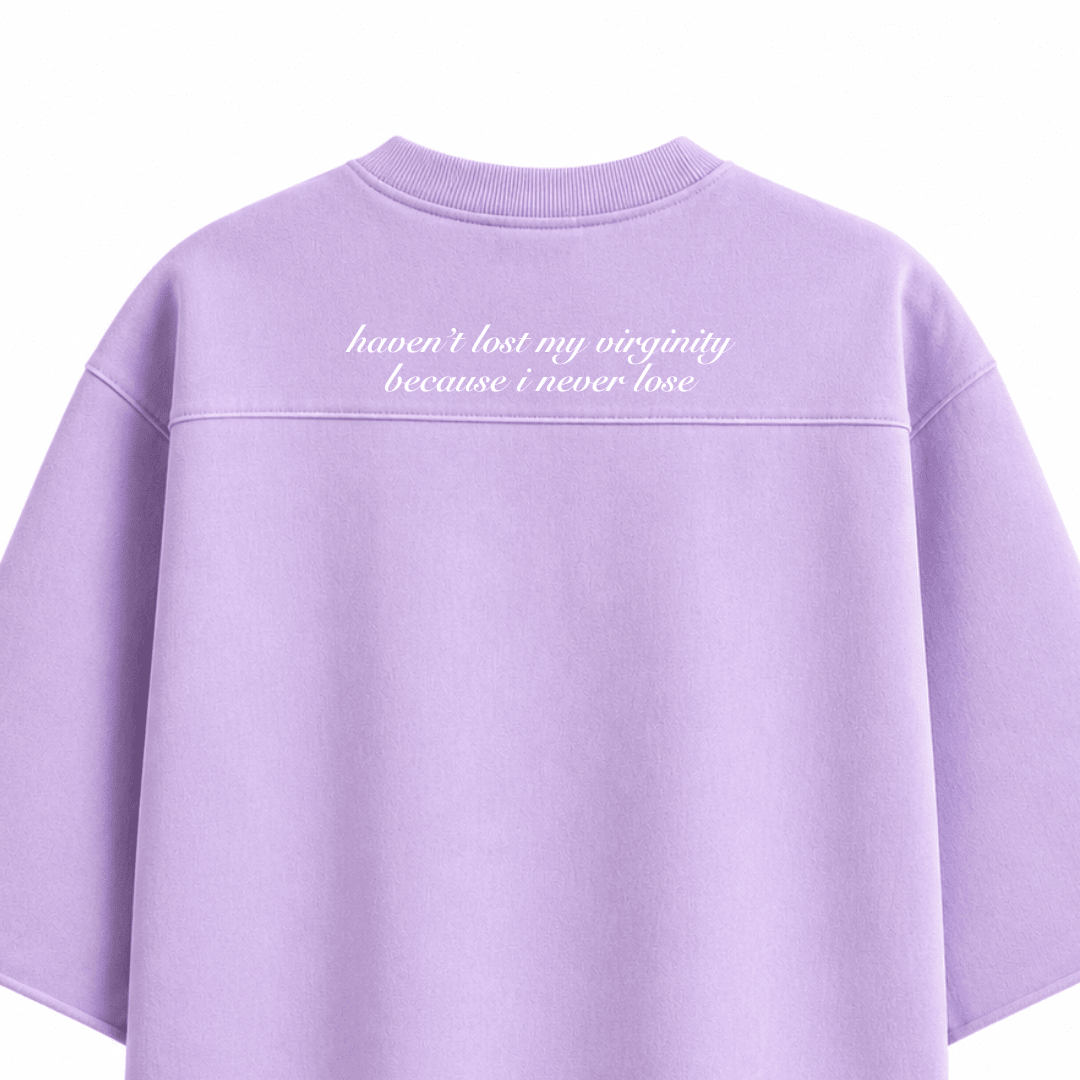 Lavender oversized boxy T-shirt, crew neck, short sleeves, printed back quote