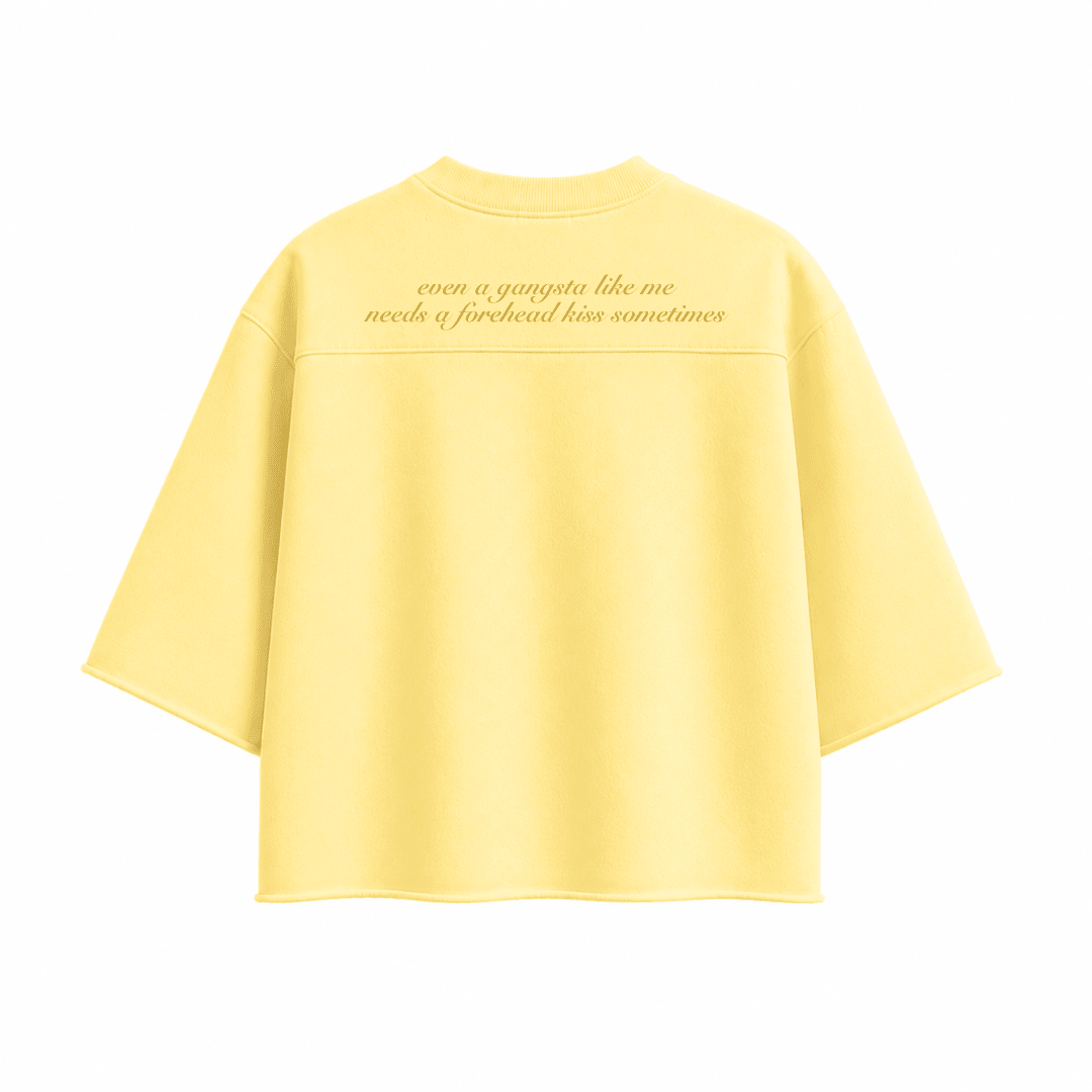 Yellow oversized boxy T-shirt, crew neck, short sleeves, back graphic text stripe