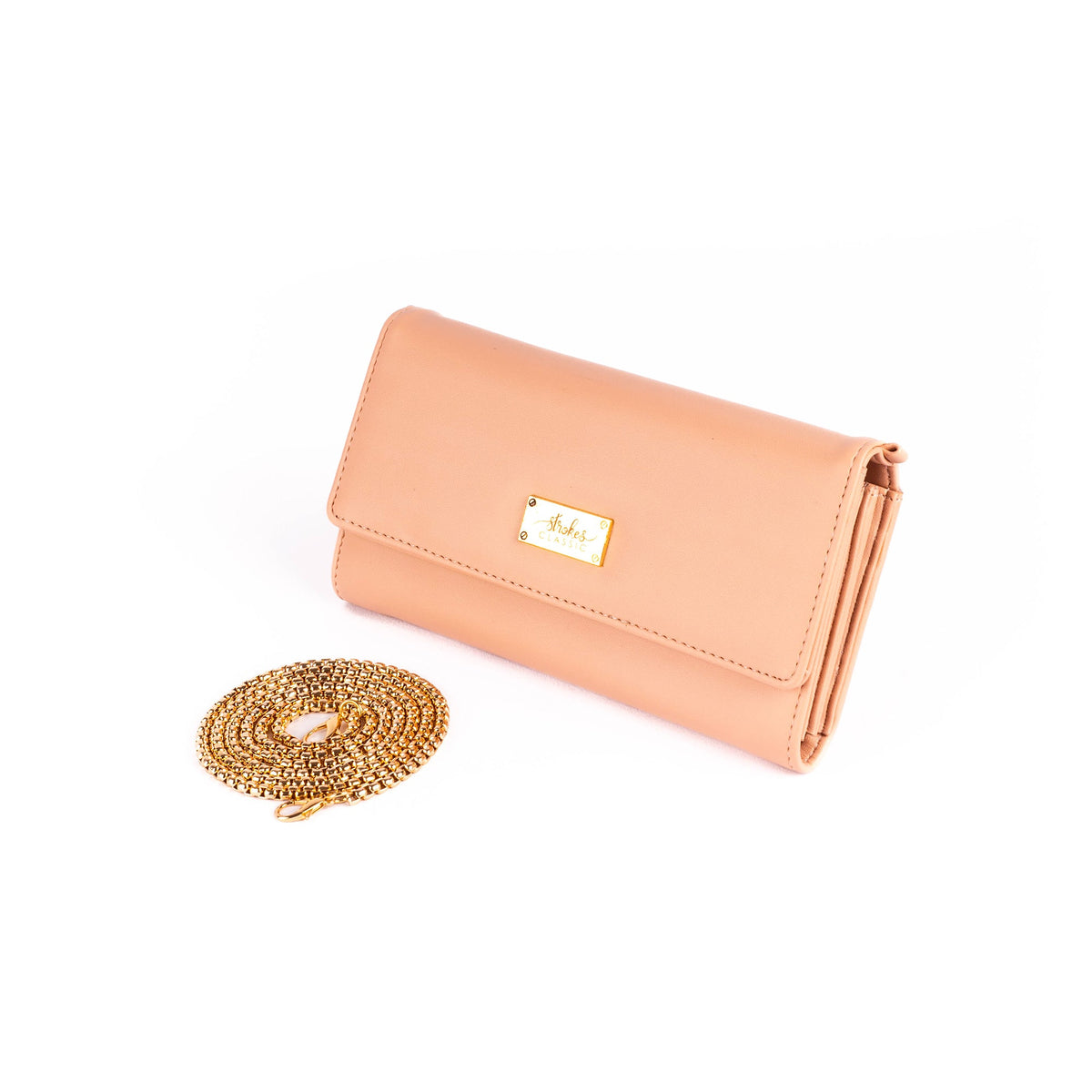 Peach long flap wallet clutch with gold hardware and chain