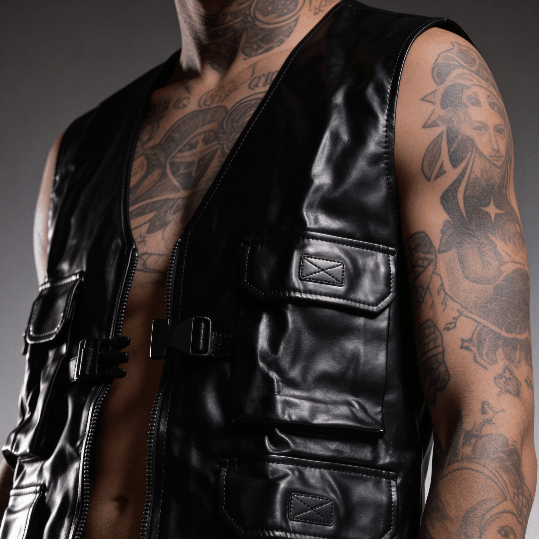 Black leather utility vest with chest flap pocket, front zip, and side buckles