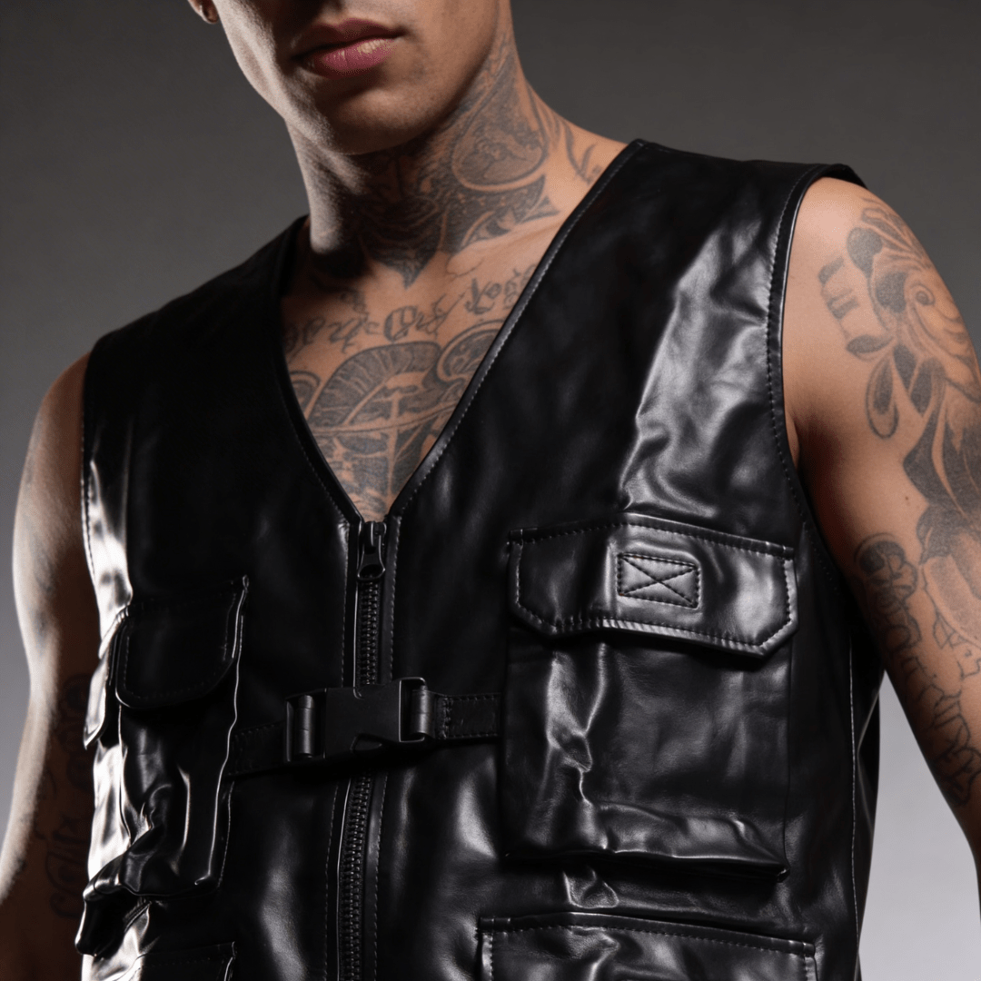 Black leather vest with angled chest pocket, zip front, and belt-strap detail