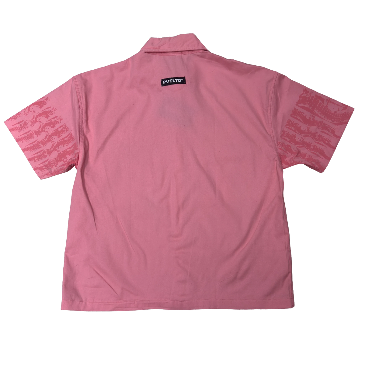 Pink short-sleeve button-up shirt back view with logo label