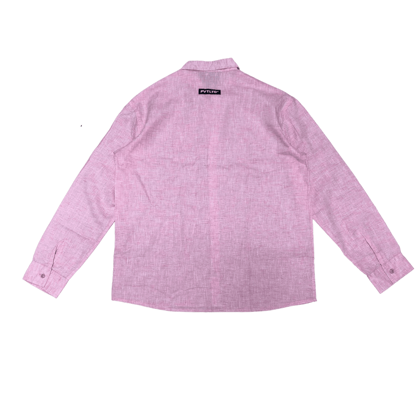 Pink long-sleeve button-up shirt with pointed collar, back view