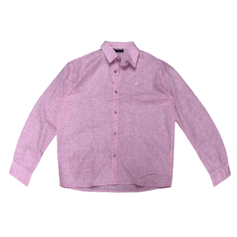 Pink long-sleeve button-up shirt with pointed collar and chest star detail