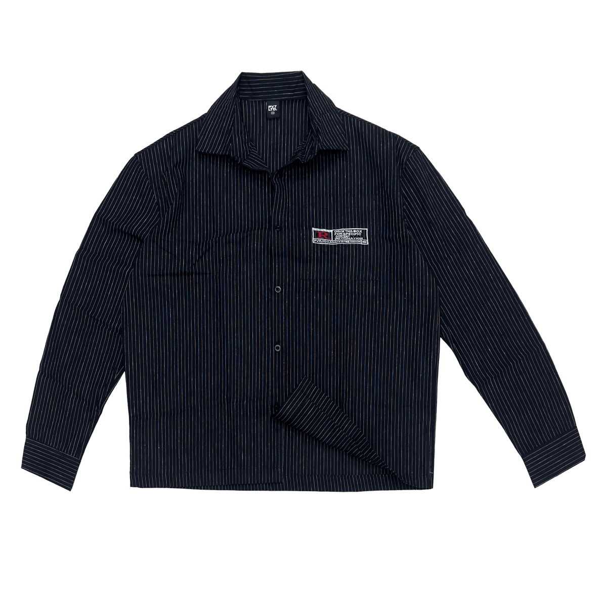 Navy pinstripe linen shirt front view with button placket, collar, chest logo