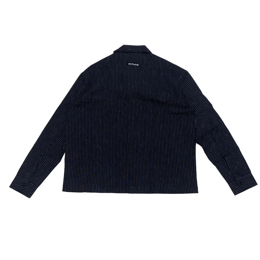 Navy pinstripe linen shirt back view, long sleeves and notched collar