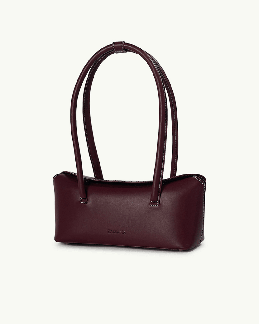 Burgundy leather-look top-handle bag with stitched handles and front panel
