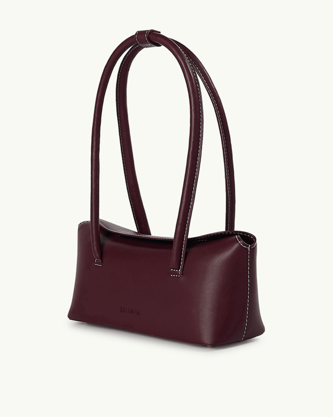 Burgundy leather-look tote bag with structured base and two tall top handles