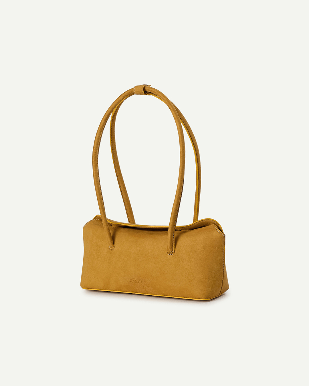Mustard yellow suede tote bag with two top handles and structured shape