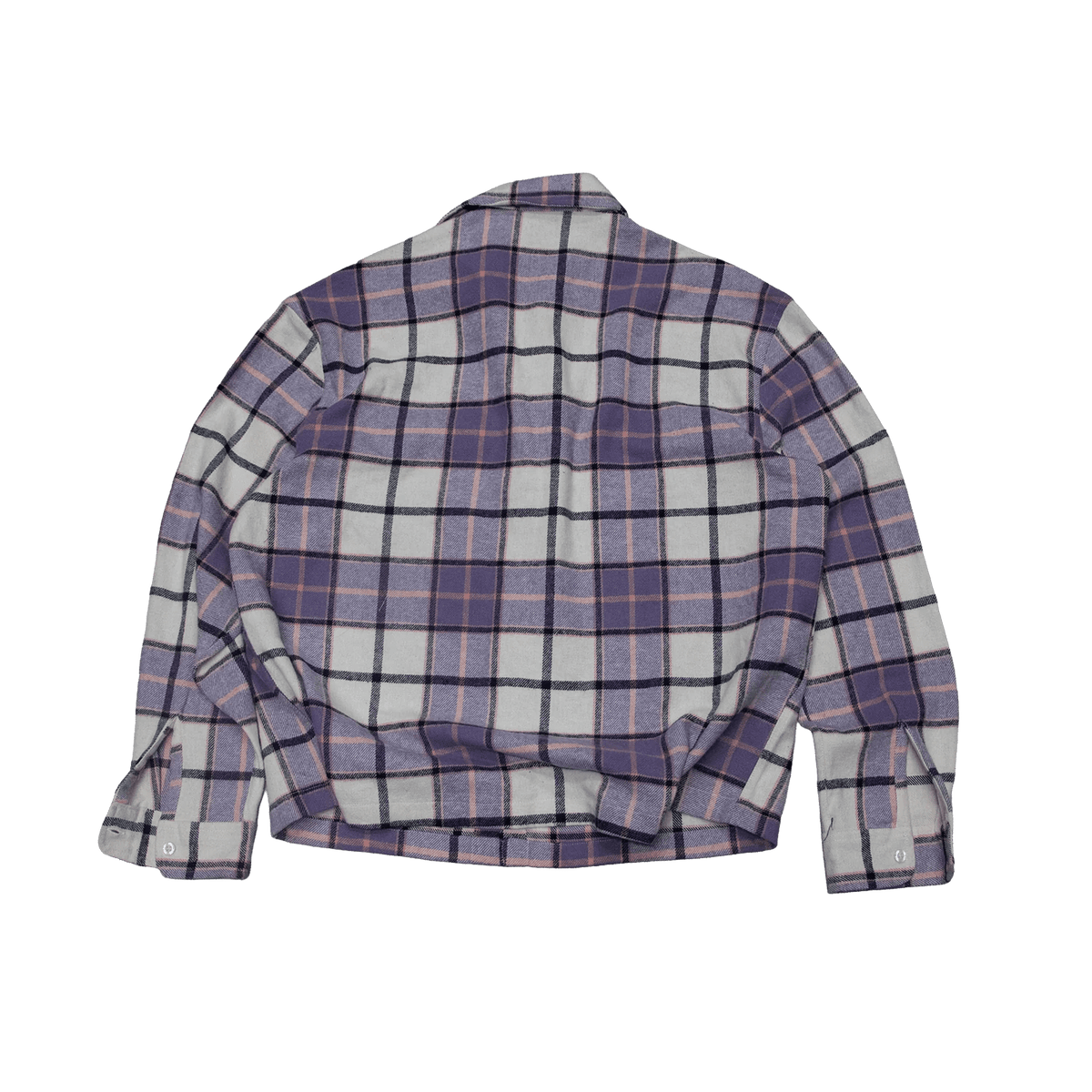 Back view of purple and white plaid button-up shirt with long sleeves