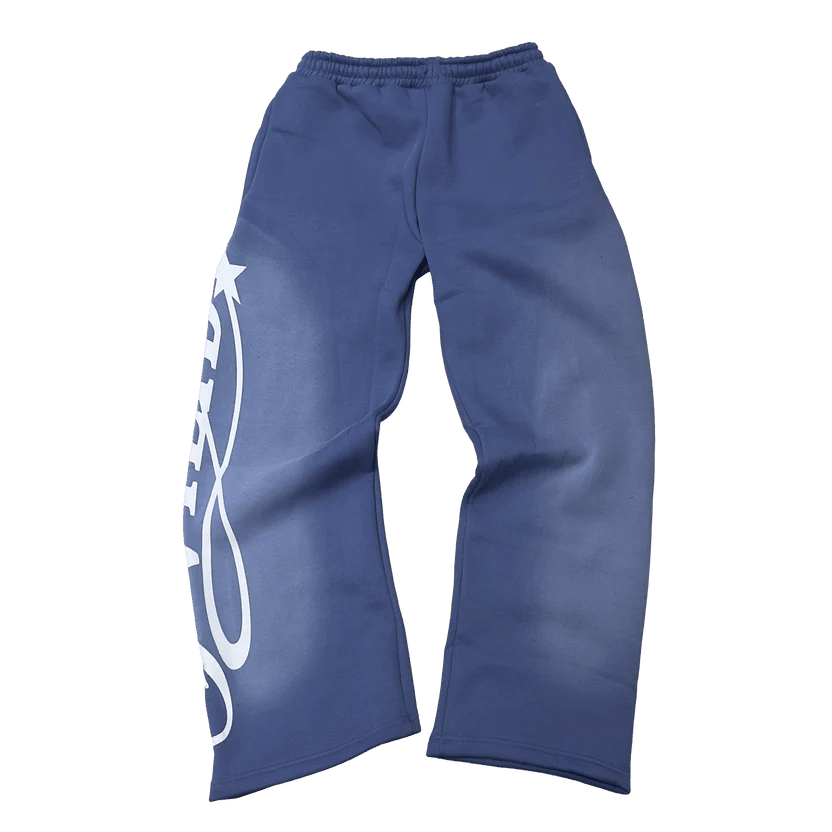 Blue track pants with elastic waistband and full-length white side logo