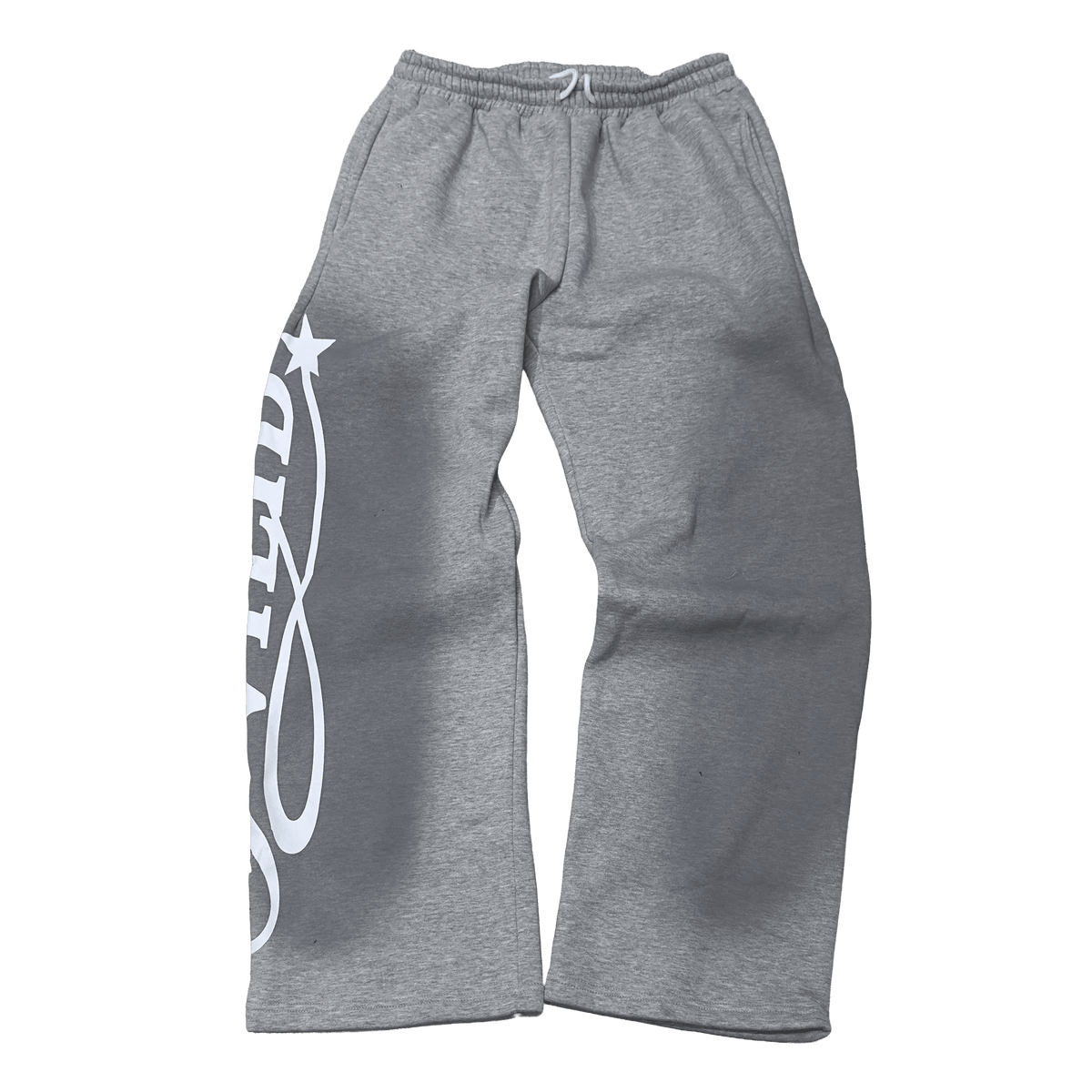 Grey sweatpants with elastic waist, wide legs, and large star logo print