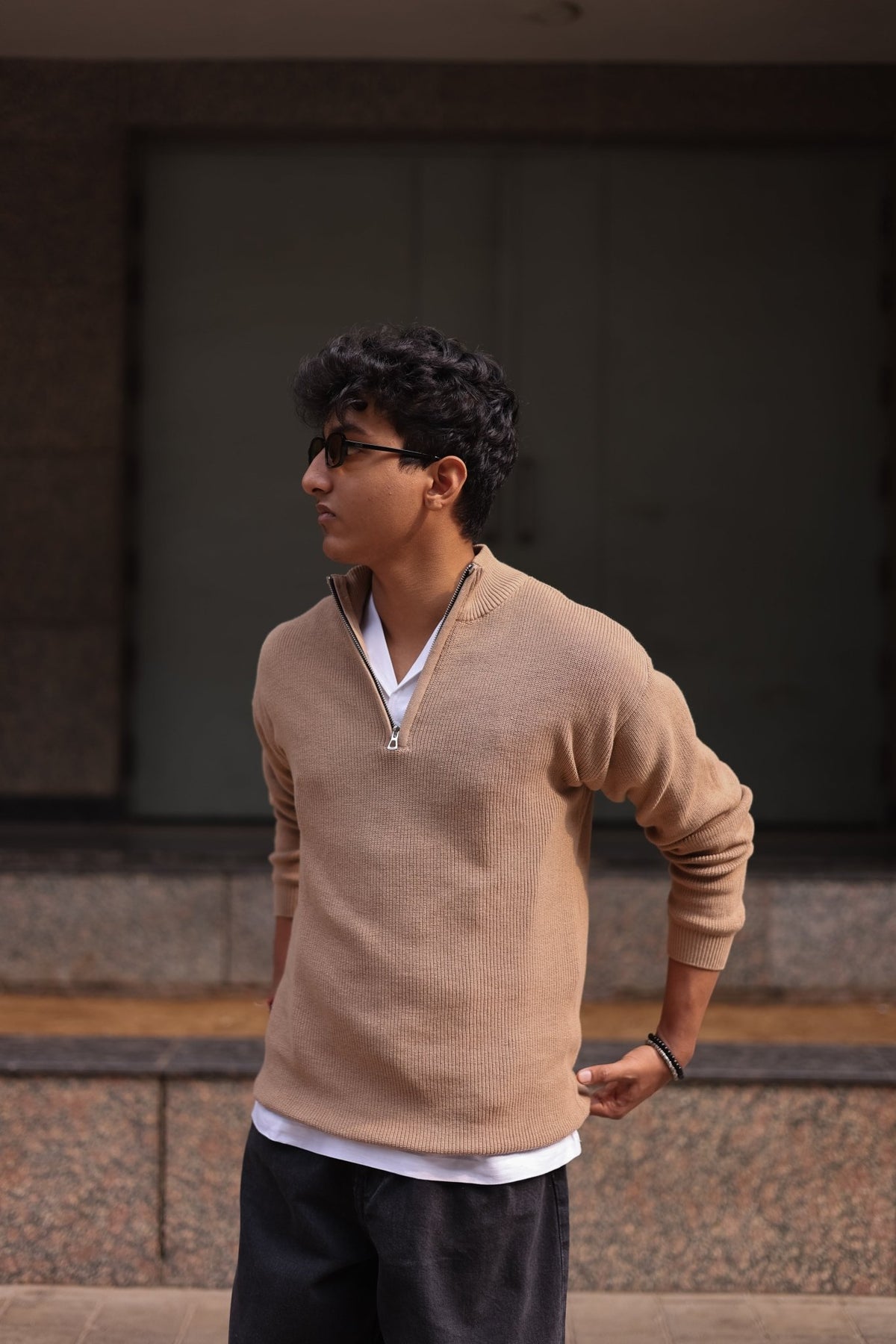 Beige quarter-zip sweater with stand collar zipper, long sleeves