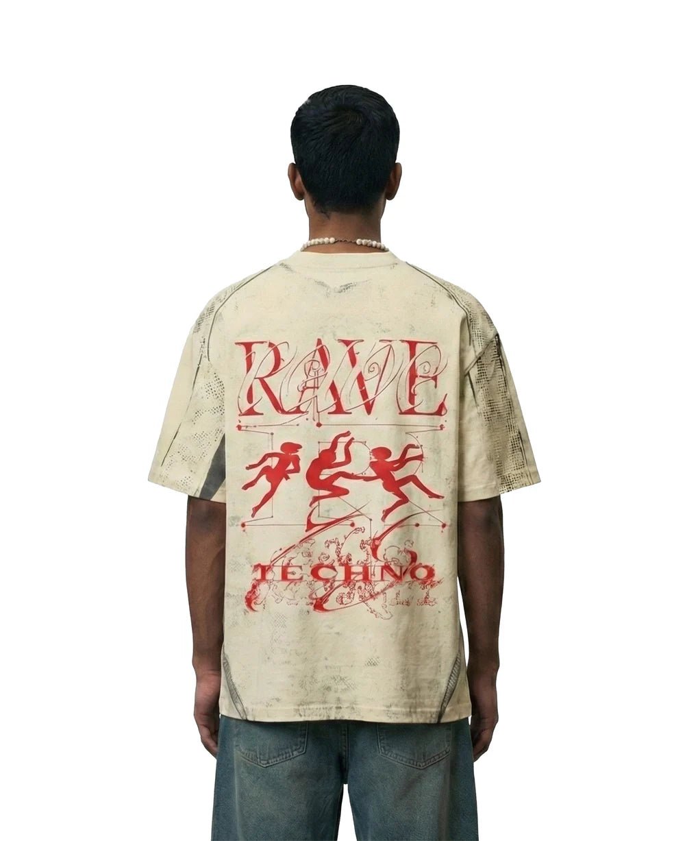 Sand RAVE Archivist T-shirt back with large red RAVE techno graphic
