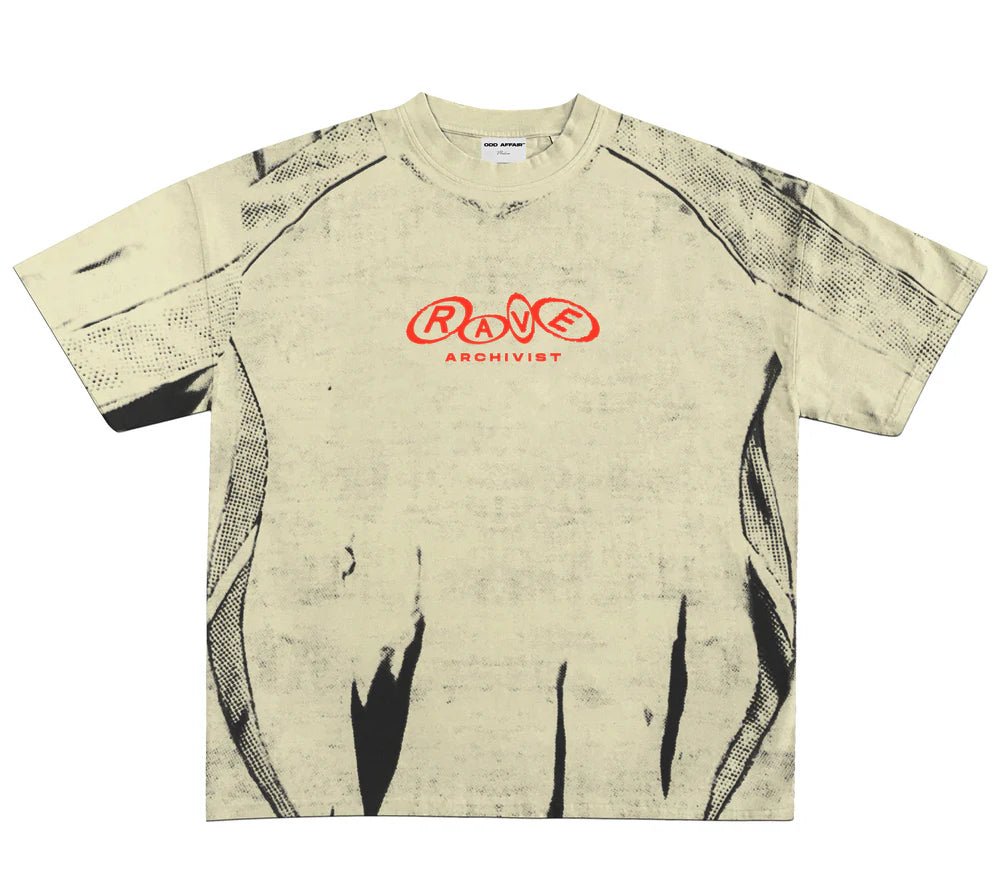 Sand RAVE Archivist T-shirt with small chest logo and dark abstract side marks