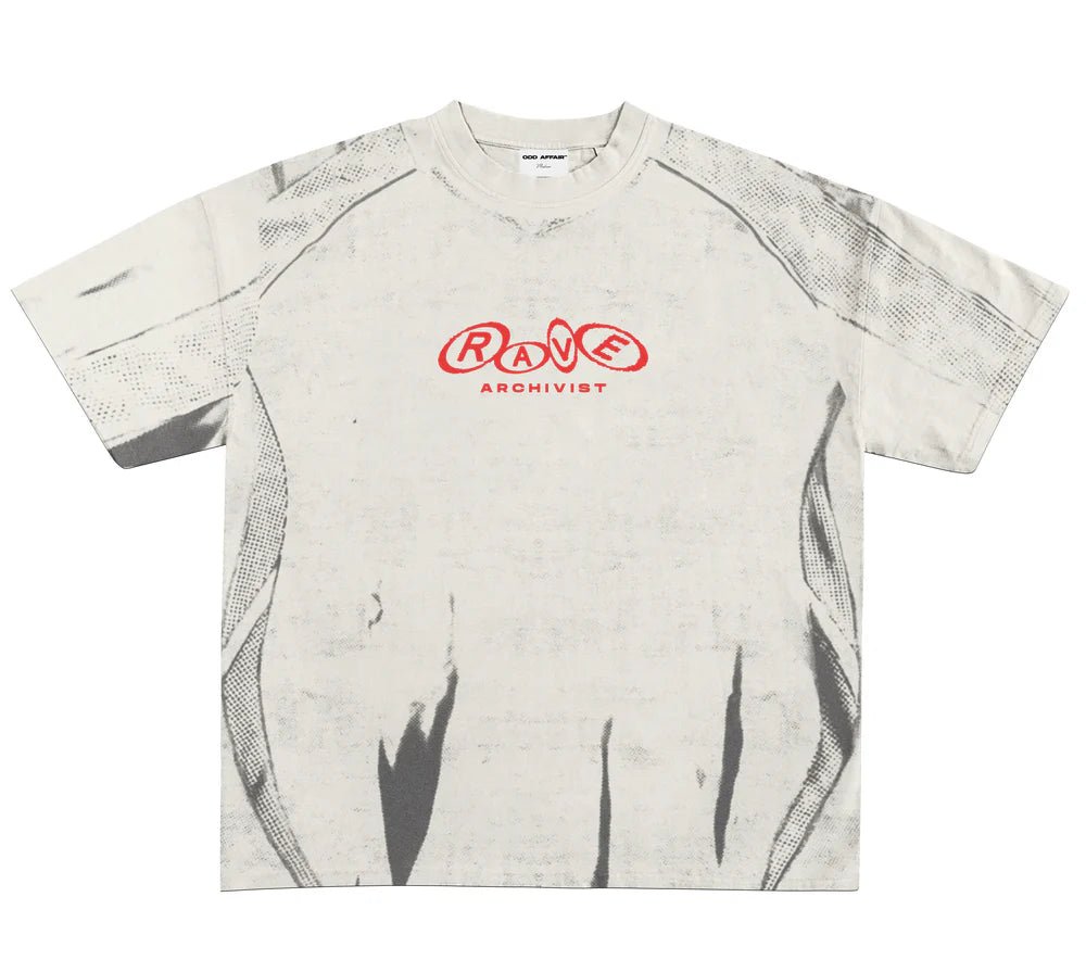 RAVE Archivist white T-shirt with small red chest logo and black paint-like shapes