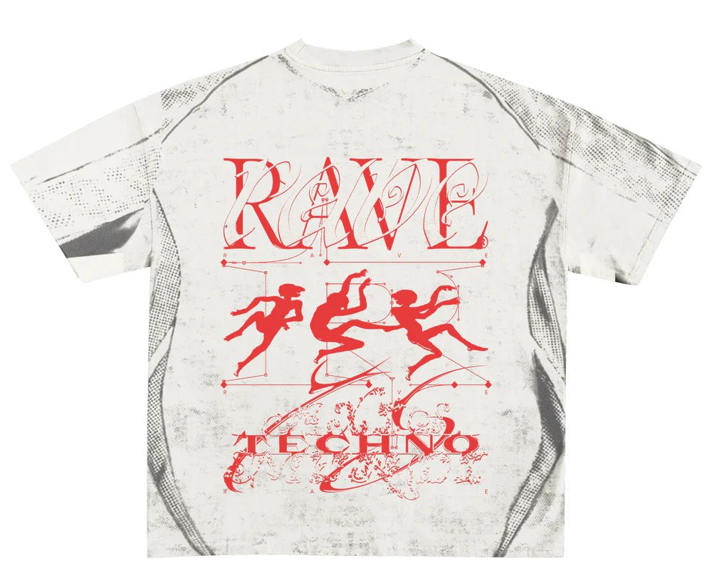RAVE Archivist white T-shirt with large red "RAVE" back graphic