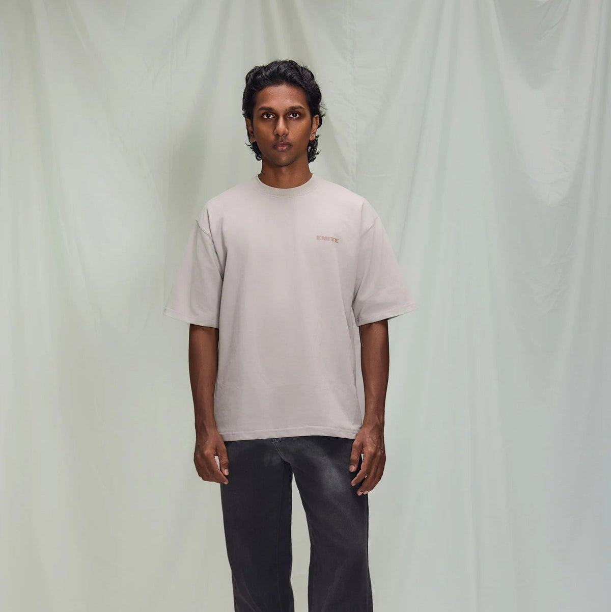 Men's light stone T-shirt front view, crew neck, short sleeves