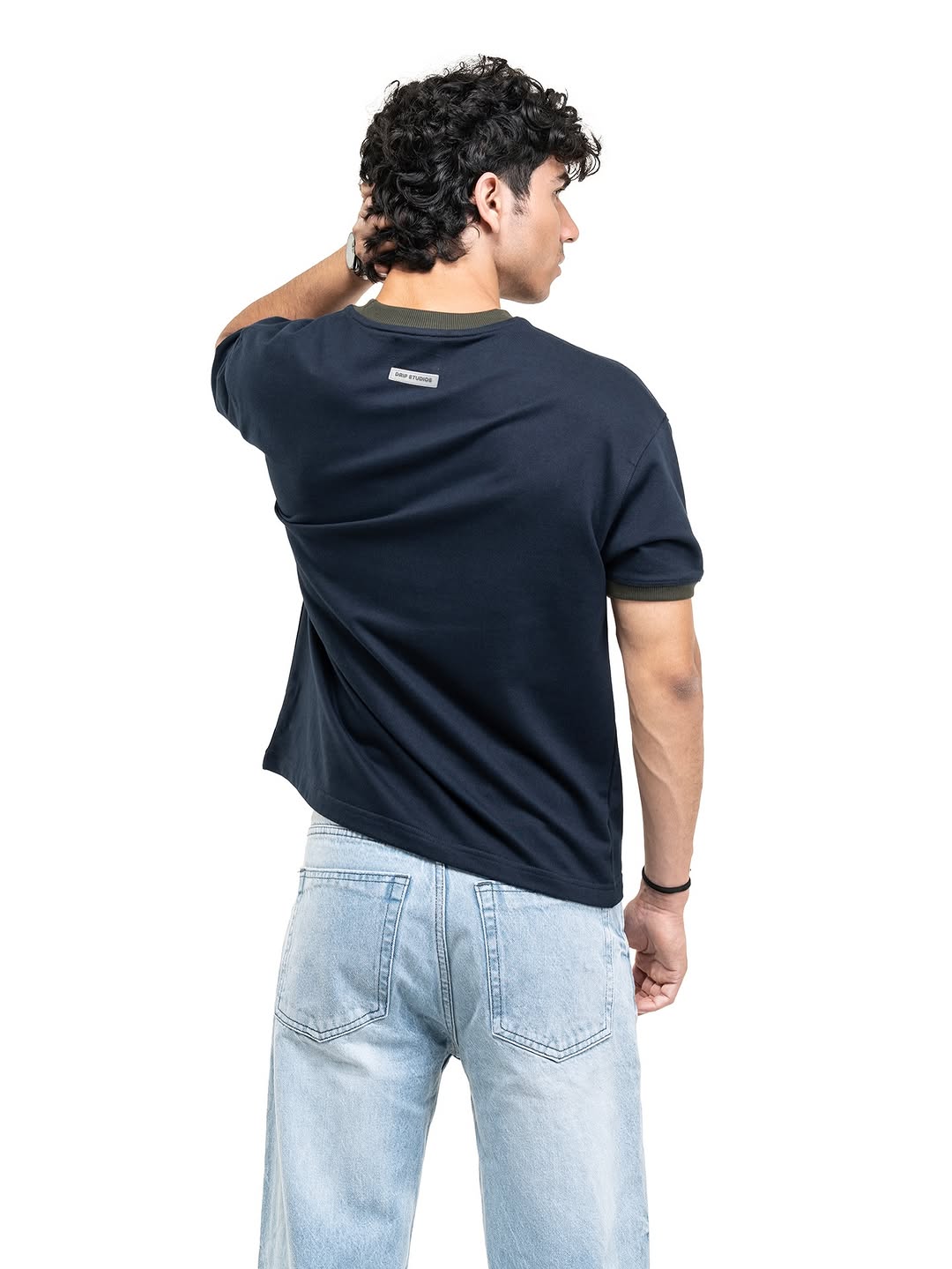 Back navy cropped ringer T-shirt with ribbed neckline and sleeve trim