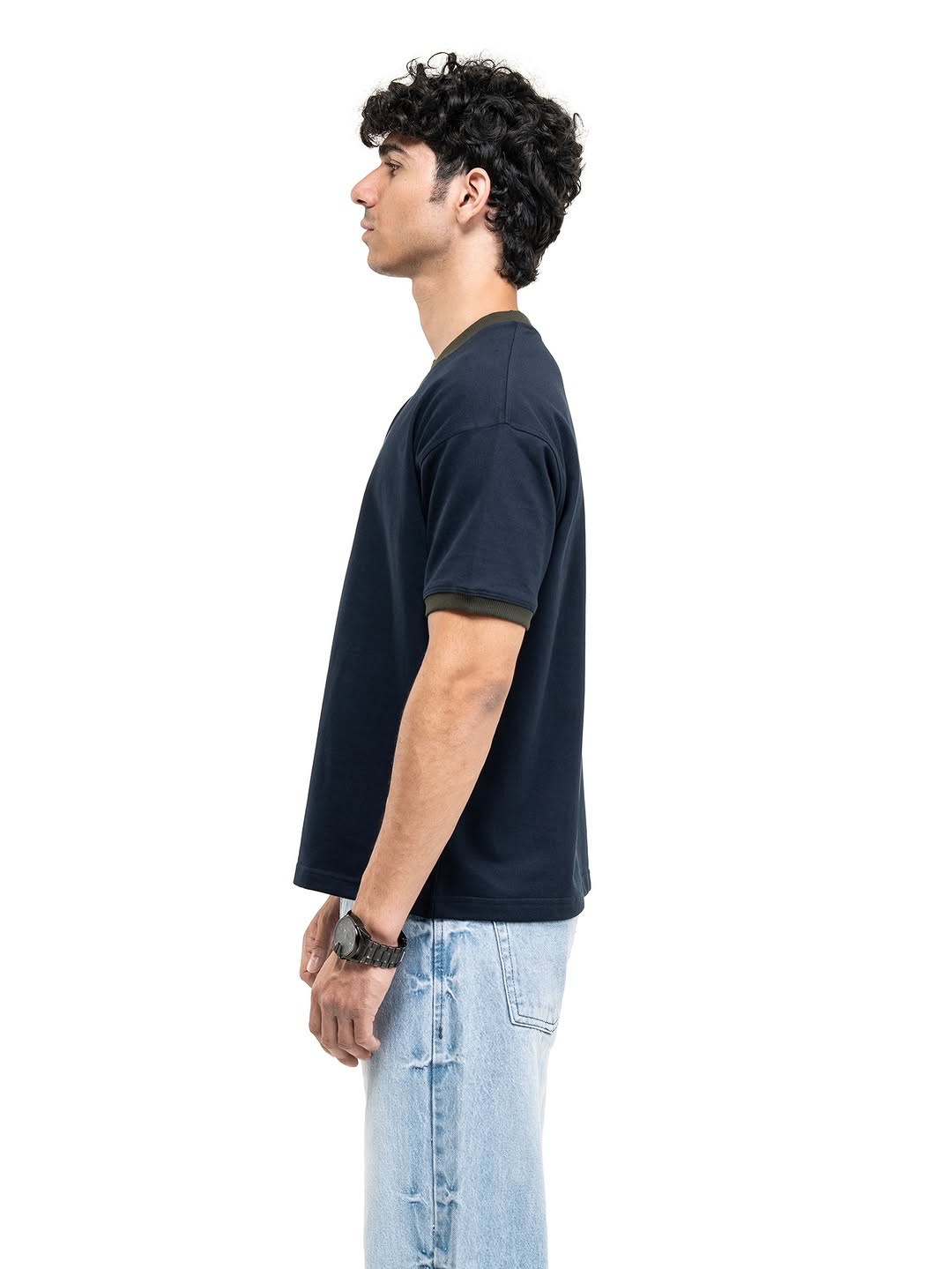 Navy cropped ringer T-shirt, side view, ribbed crew neck and sleeve trim