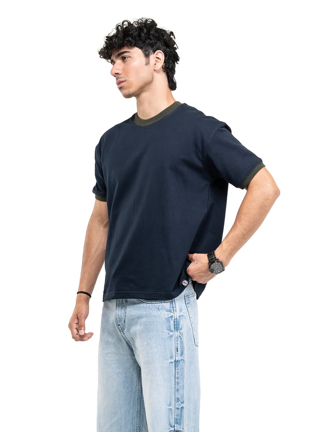 Navy cropped ringer T-shirt with ribbed neckline and short sleeve trim
