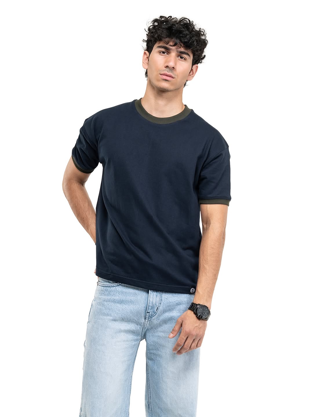 Navy cropped ringer T-shirt with ribbed crew neck and sleeve cuff trim